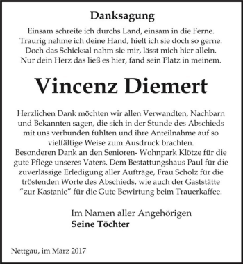 Traueranzeige von Vincenz Diemert  von Magdeburger Volksstimme