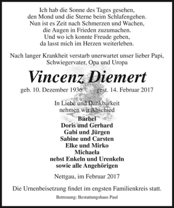 Traueranzeige von Vincenz Diemert  von Magdeburger Volksstimme