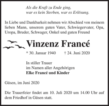 Traueranzeige von Vinzenz Francé  von Magdeburger Volksstimme