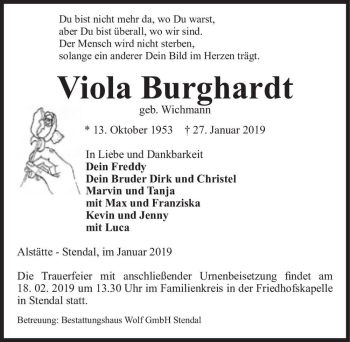 Traueranzeige von Viola Burghardt (geb. Wichmann)  von Magdeburger Volksstimme