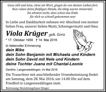 Traueranzeige von Viola Krüger (geb. Gora)  von Magdeburger Volksstimme