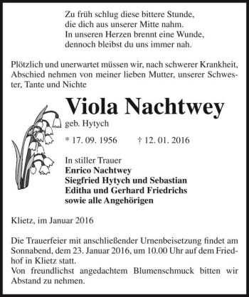 Traueranzeige von Viola Nachtwey (geb. Hytych)  von Magdeburger Volksstimme