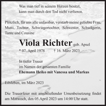 Traueranzeige von Viola Richter Richter (geb. Apsel)  von Magdeburger Volksstimme