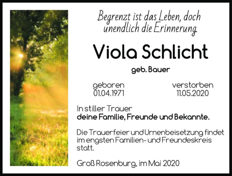  Traueranzeige für Viola Schlicht (geb. Bauer)  vom 29.05.2020 aus Magdeburger Volksstimme