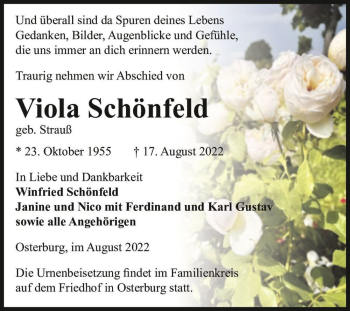 Traueranzeige von Viola Schönfeld (geb. Strauß)  von Magdeburger Volksstimme