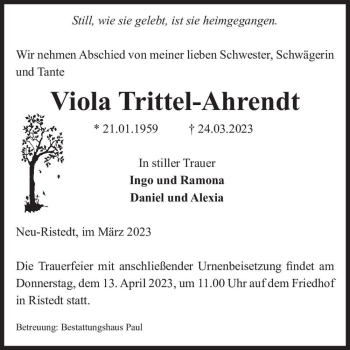 Traueranzeige von Viola Trittel-Ahrendt  von Magdeburger Volksstimme