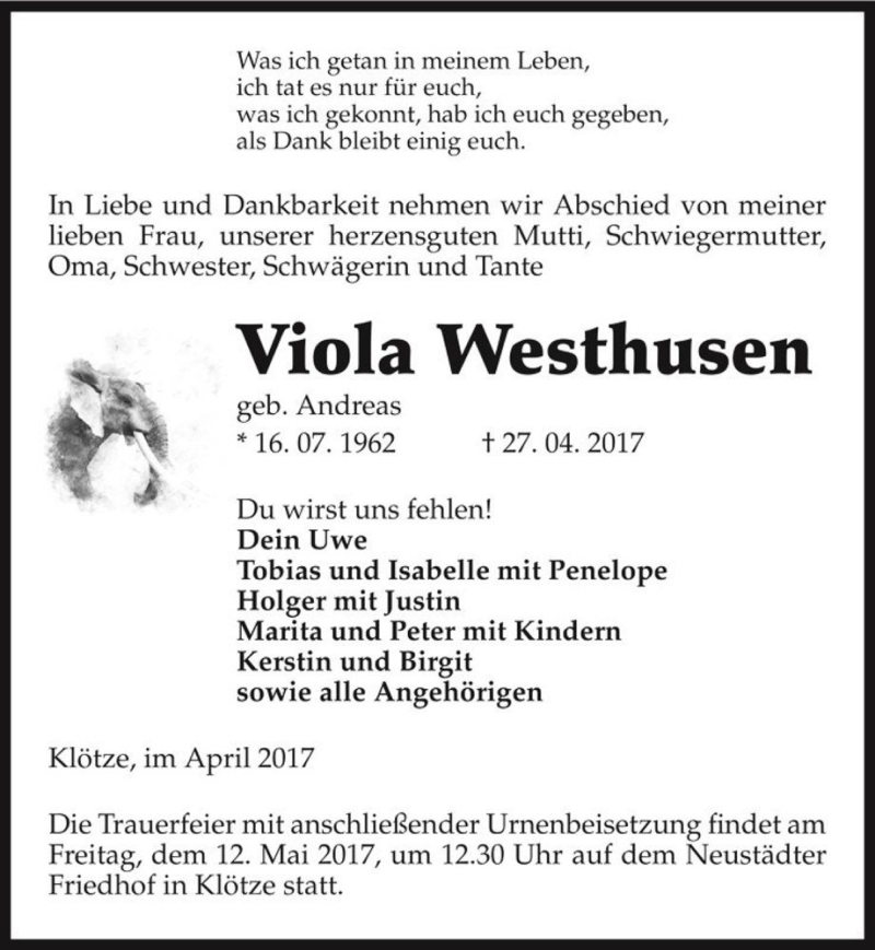  Traueranzeige für Viola Westhusen (geb. Andreas)  vom 29.04.2017 aus Magdeburger Volksstimme