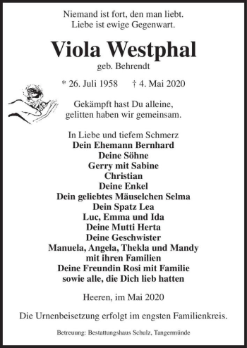 Traueranzeige von Viola Westpahl (geb. Behrendt)  von Magdeburger Volksstimme