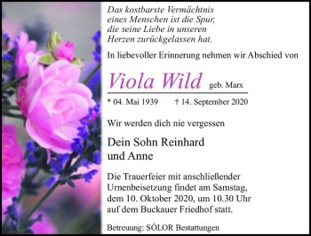 Traueranzeige von Viola Wild (geb. Marx)  von Magdeburger Volksstimme