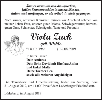 Traueranzeige von Viola Zuck (geb. Wehle)  von Magdeburger Volksstimme