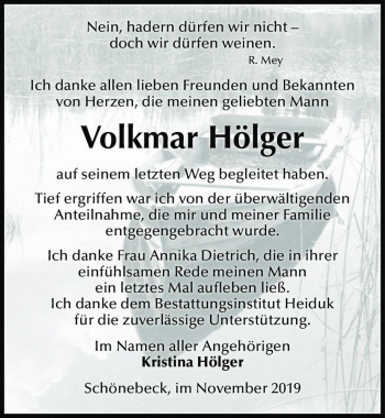 Traueranzeige von Vokmar Hölger  von Magdeburger Volksstimme