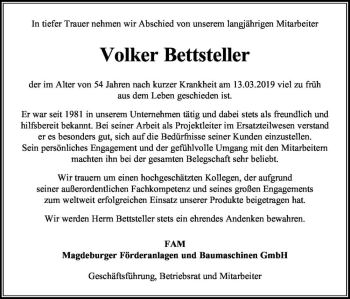Traueranzeige von Volker Bettsteller  von Magdeburger Volksstimme