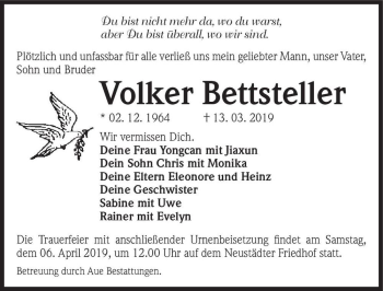 Traueranzeige von Volker Bettsteller  von Magdeburger Volksstimme