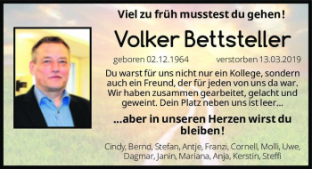 Traueranzeige von Volker Bettsteller  von Magdeburger Volksstimme