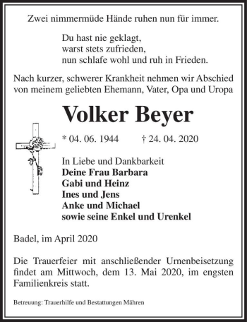Traueranzeige von Volker Beyer  von Magdeburger Volksstimme