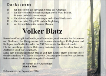 Traueranzeige von Volker Blatz  von Magdeburger Volksstimme