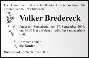 Traueranzeige von Volker Bredereck  von Magdeburger Volksstimme