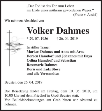 Traueranzeige von Volker Dahmes  von Magdeburger Volksstimme