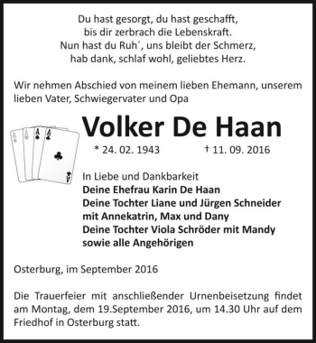 Traueranzeige von Volker De Haan  von Magdeburger Volksstimme