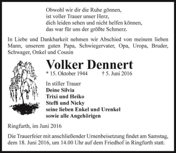Traueranzeige von Volker Dennert  von Magdeburger Volksstimme