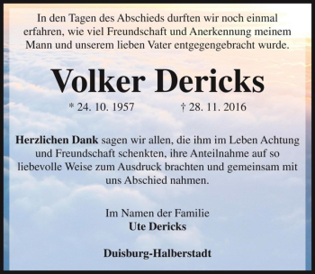 Traueranzeige von Volker Dericks  von Magdeburger Volksstimme