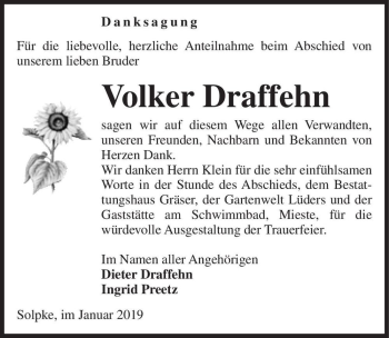 Traueranzeige von Volker Draffehn  von Magdeburger Volksstimme