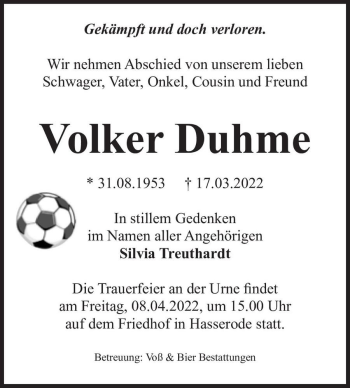 Traueranzeige von Volker Duhme  von Magdeburger Volksstimme
