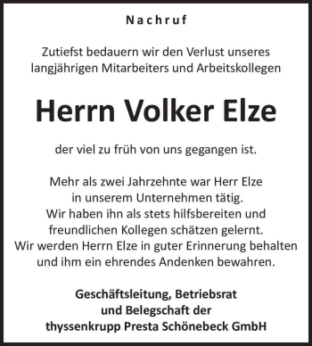 Traueranzeige von Volker Elze  von Magdeburger Volksstimme