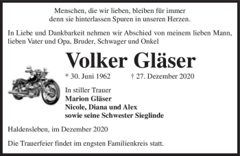 Traueranzeige von Volker Gläser  von Magdeburger Volksstimme