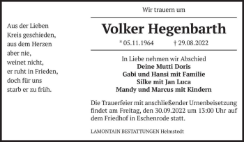 Traueranzeige von Volker Hegenbarth  von Magdeburger Volksstimme