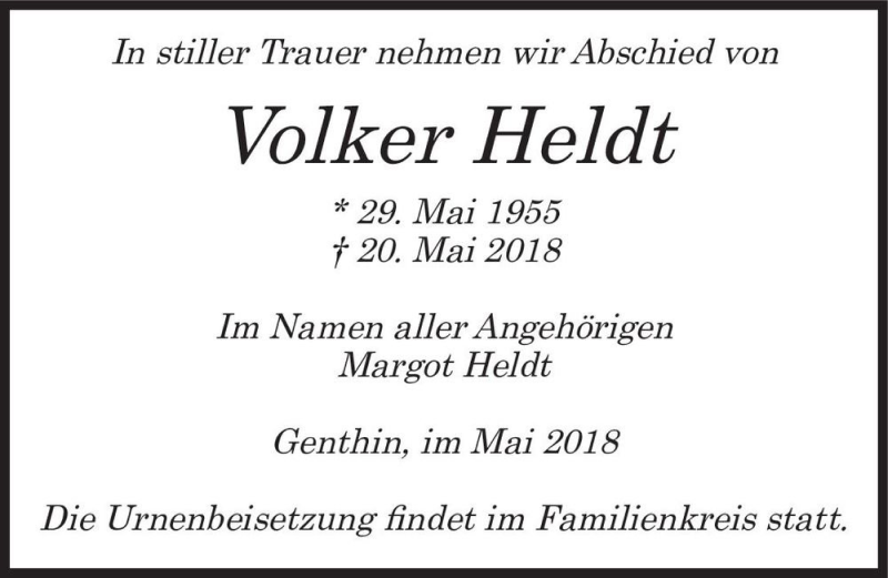  Traueranzeige für Volker Heldt  vom 28.05.2018 aus Magdeburger Volksstimme