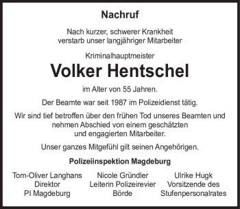 Traueranzeige von Volker Hentschel  von Magdeburger Volksstimme