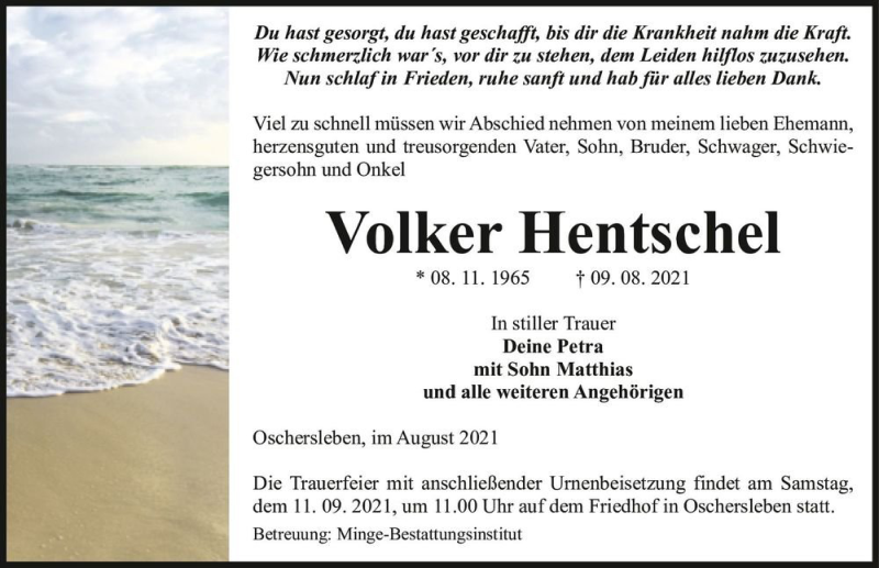  Traueranzeige für Volker Hentschel  vom 14.08.2021 aus Magdeburger Volksstimme