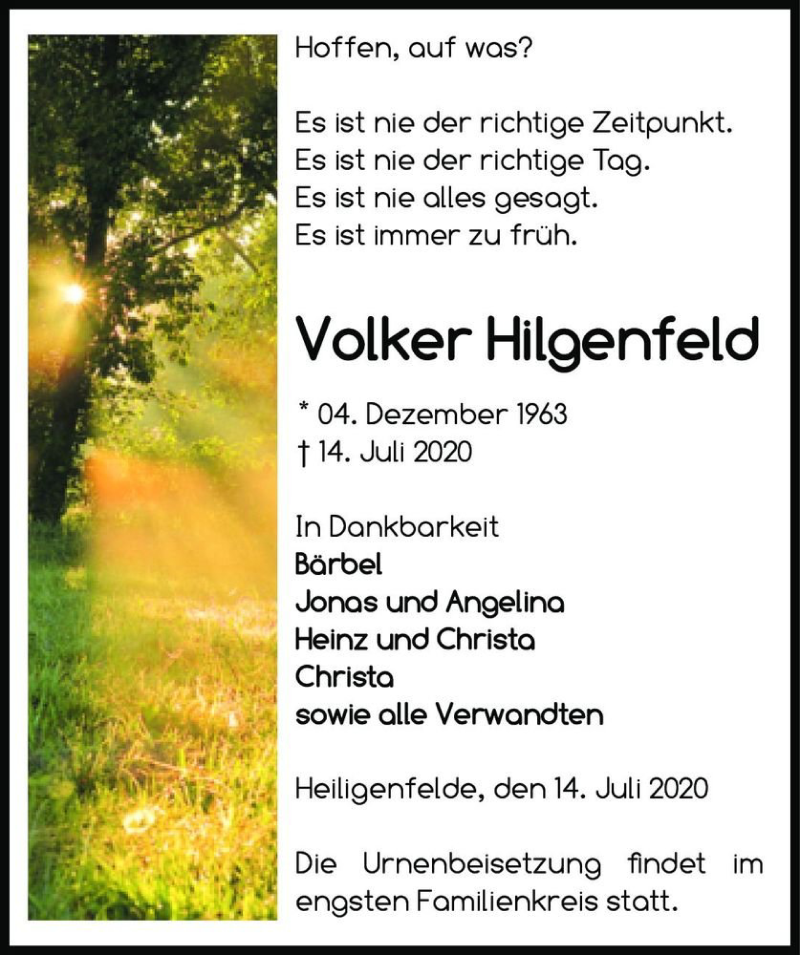  Traueranzeige für Volker Hilgenfeld  vom 17.07.2020 aus Magdeburger Volksstimme