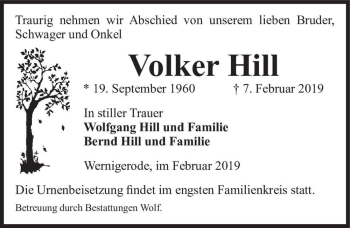Traueranzeige von Volker Hill  von Magdeburger Volksstimme