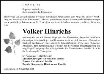 Traueranzeige von Volker Hinrichs  von Magdeburger Volksstimme