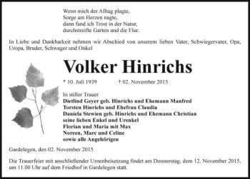 Traueranzeige von Volker Hinrichs  von Magdeburger Volksstimme