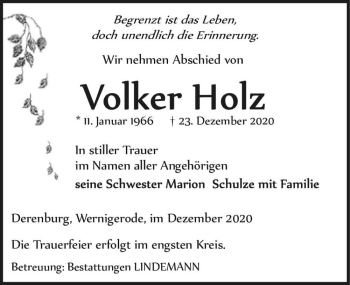 Traueranzeige von Volker Holz  von Magdeburger Volksstimme