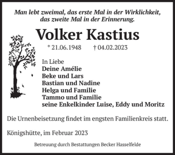 Traueranzeige von Volker Kastius  von Magdeburger Volksstimme