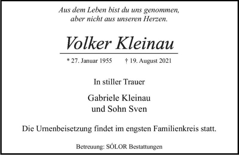  Traueranzeige für Volker Kleinau  vom 28.08.2021 aus Magdeburger Volksstimme