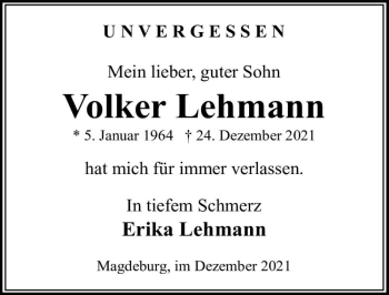 Traueranzeige von Volker Lehmann  von Magdeburger Volksstimme