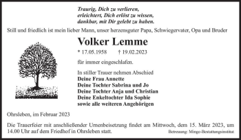 Traueranzeige von Volker Lemme  von Magdeburger Volksstimme