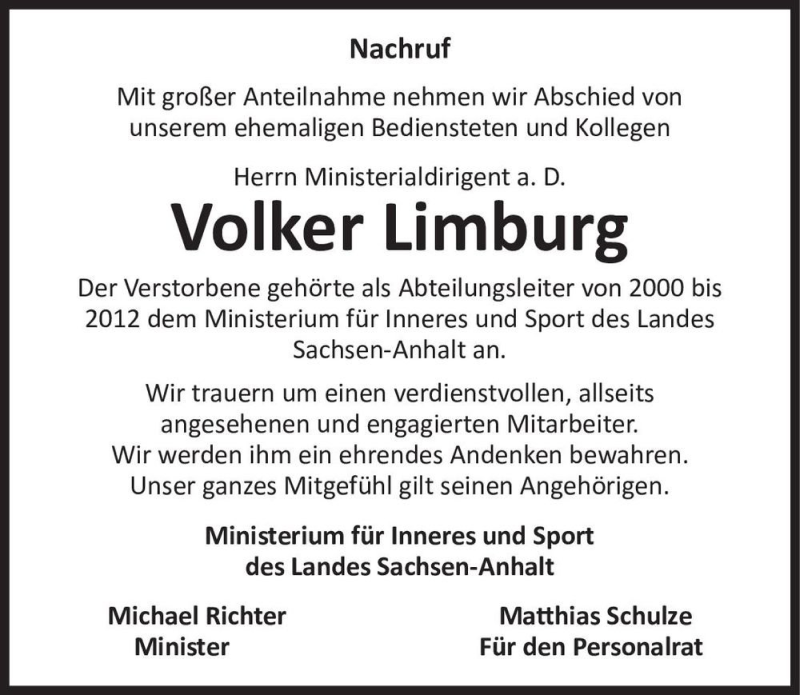  Traueranzeige für Volker Limburg  vom 12.12.2020 aus Magdeburger Volksstimme
