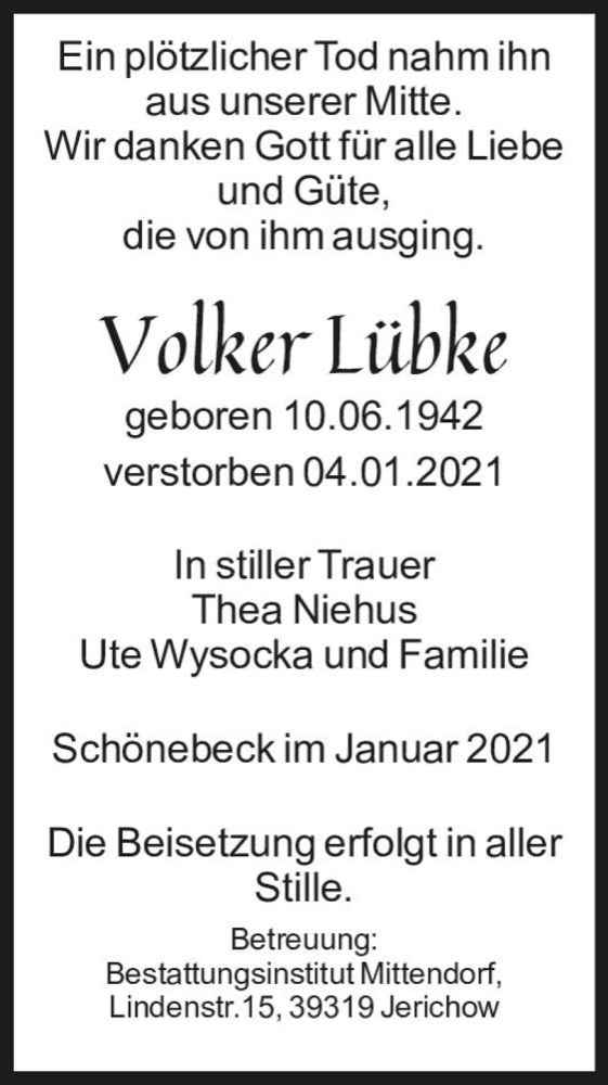  Traueranzeige für Volker Lübke  vom 16.01.2021 aus Magdeburger Volksstimme