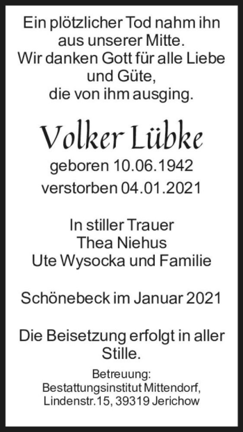 Traueranzeige von Volker Lübke  von Magdeburger Volksstimme