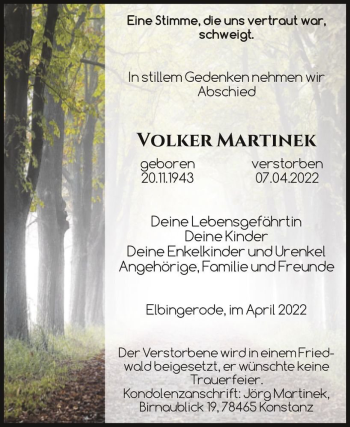 Traueranzeige von Volker Martinek  von Magdeburger Volksstimme