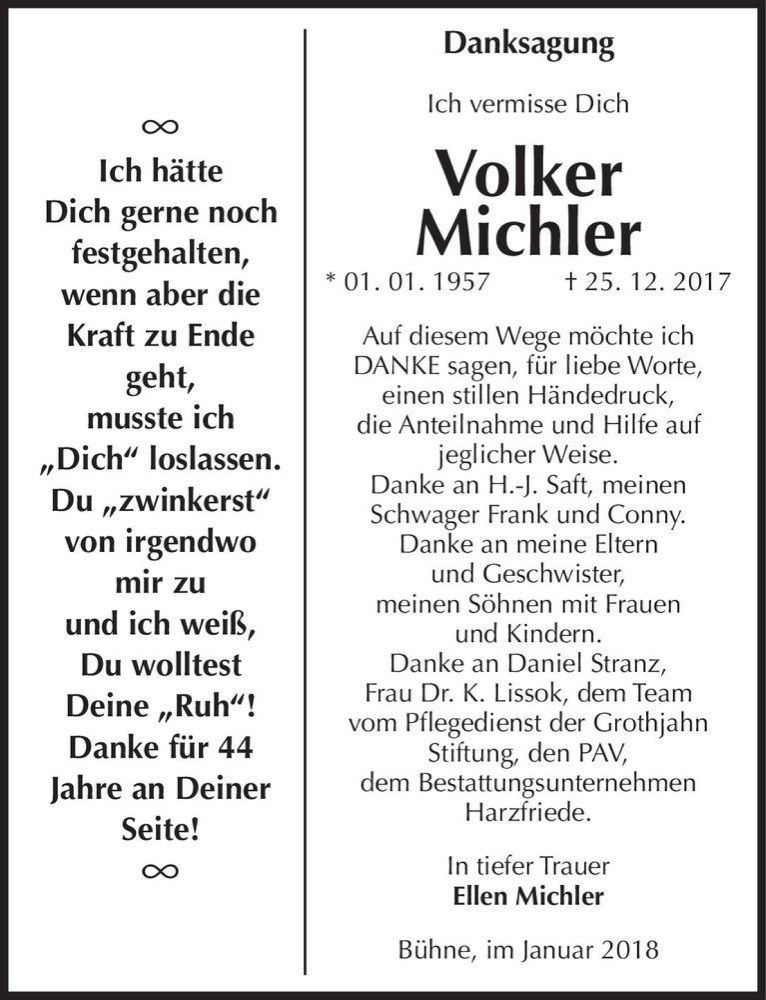  Traueranzeige für Volker Michler  vom 27.01.2018 aus Magdeburger Volksstimme