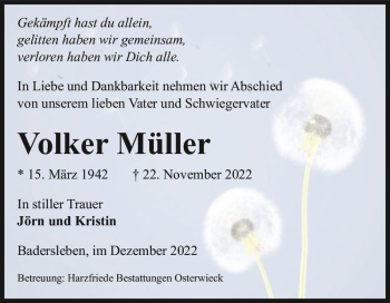 Traueranzeige von Volker Müller  von Magdeburger Volksstimme
