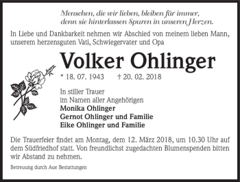 Traueranzeige von Volker Ohlinger  von Magdeburger Volksstimme