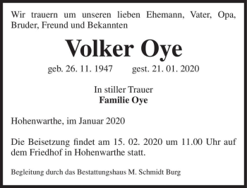 Traueranzeige von Volker Oye  von Magdeburger Volksstimme